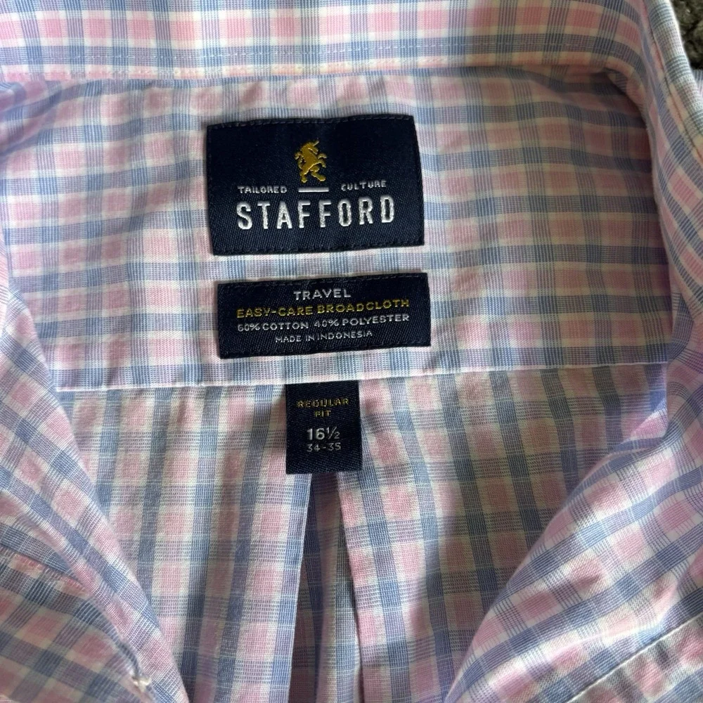 Stafford Shirt Mens 16 1/2- 34/35 Pink Travel Wrinkle Free Oxford Cotton Blend‎